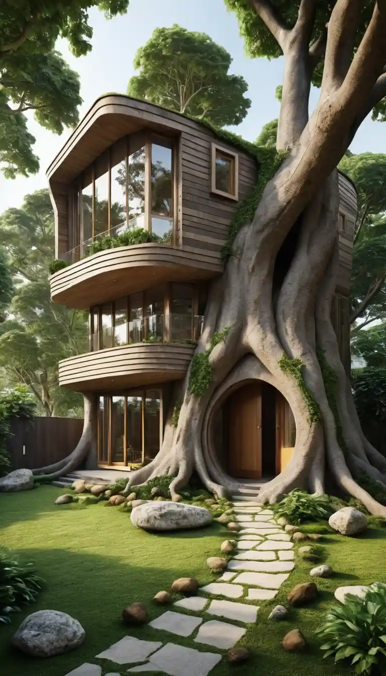Casetta sull’albero fiabesca cresciuta da radici contorte