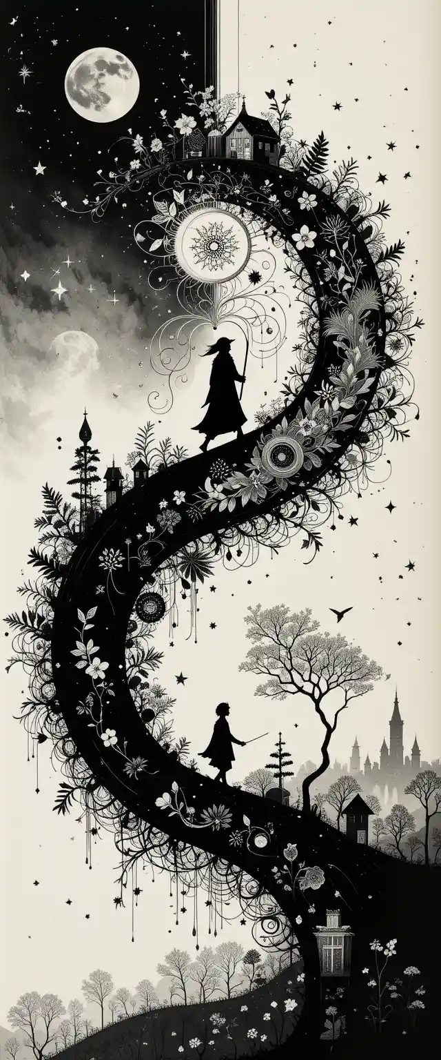Illustration de diptyque de conte de fées yin yang à l’encre, jour et nuit