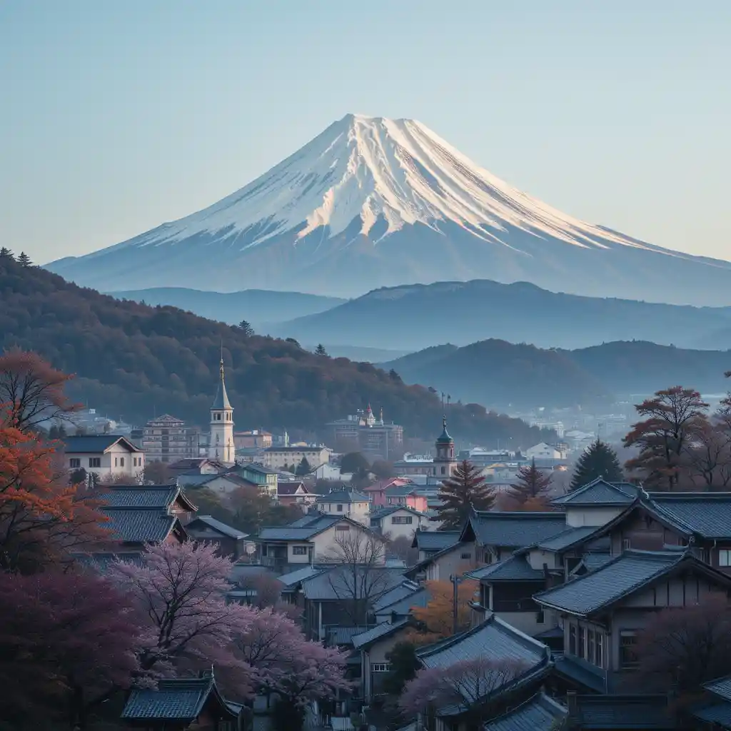 Snowy mountain view over a traditional Japanese cityscape