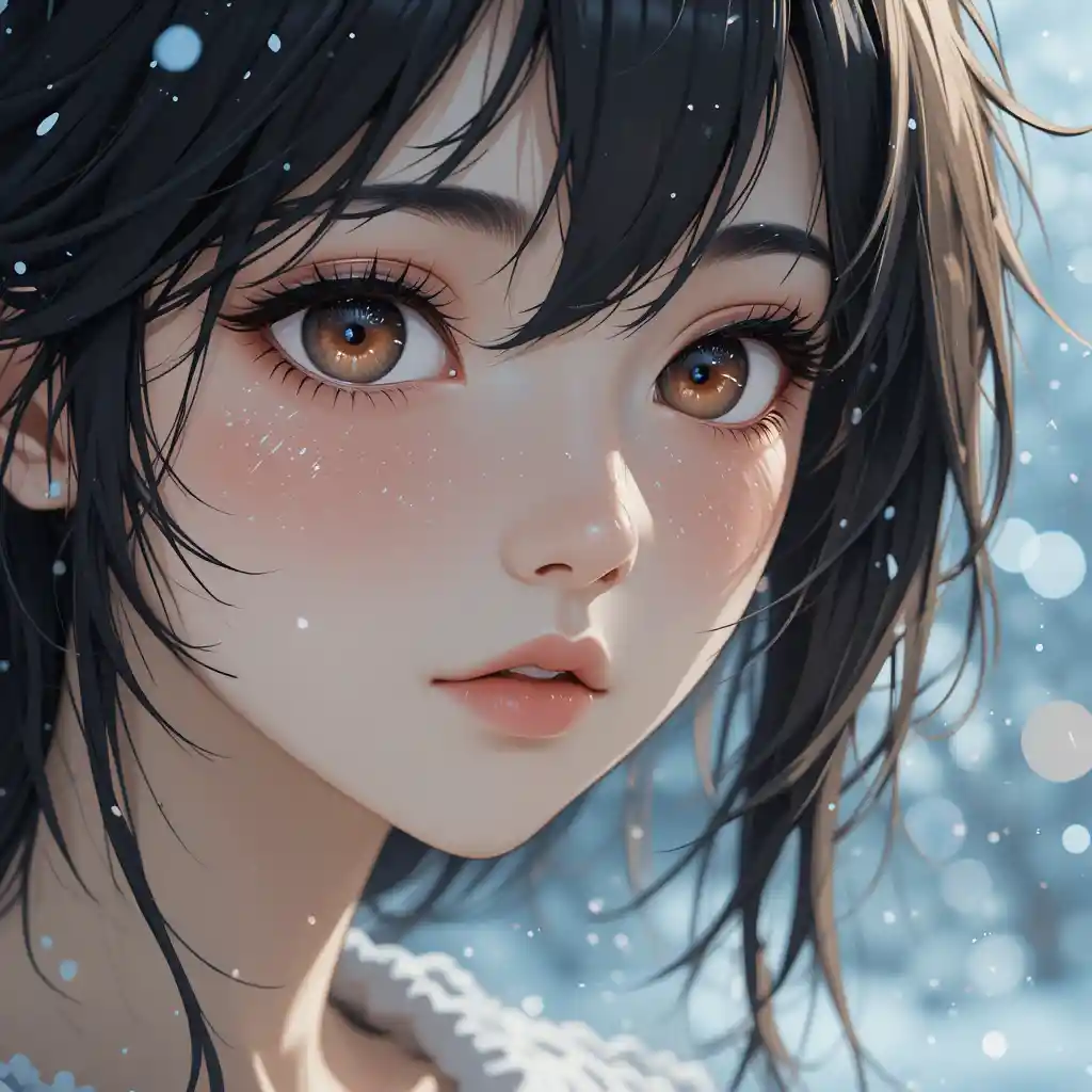 Anime portrait of a wistful girl in soft snow