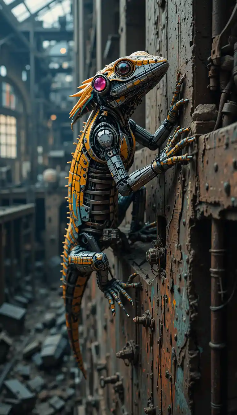 Macro portrait of a robotic gecko on industrial architecture