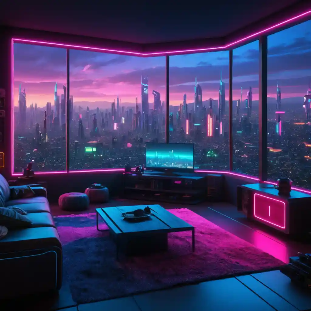 Futuristisches Cyberpunk-Schlafzimmer mit Neonlichtern und Fensterblick