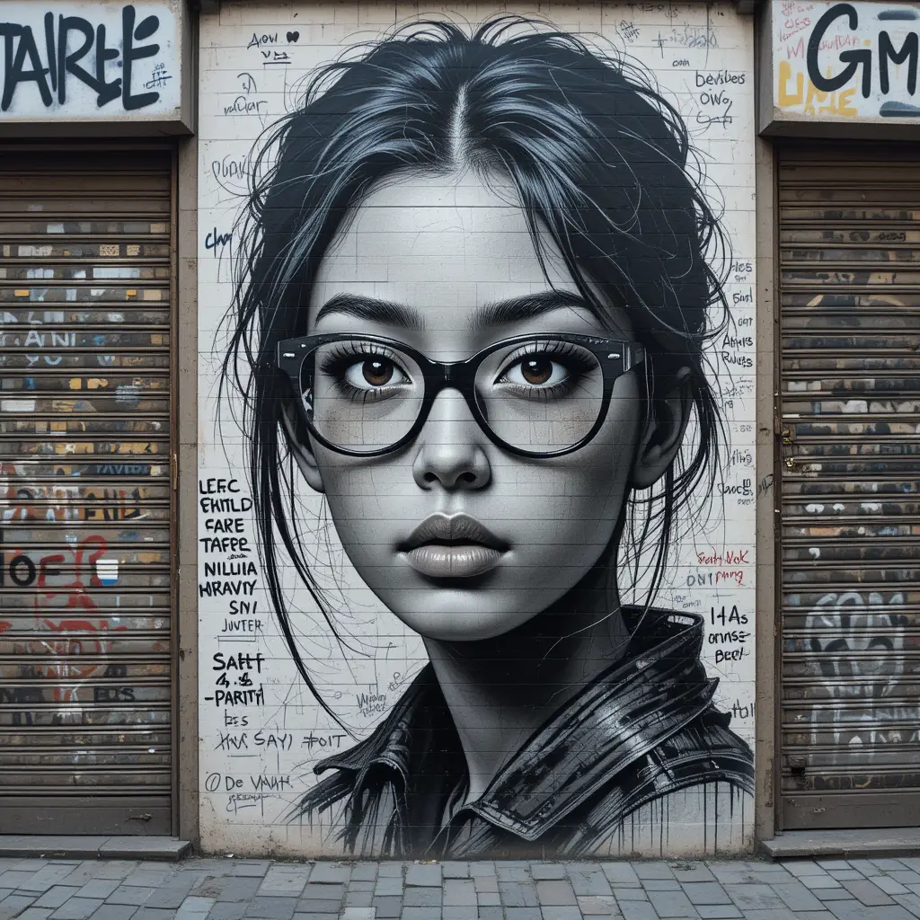 Hyperreal graffiti portrait of a mixed race girl with glasses