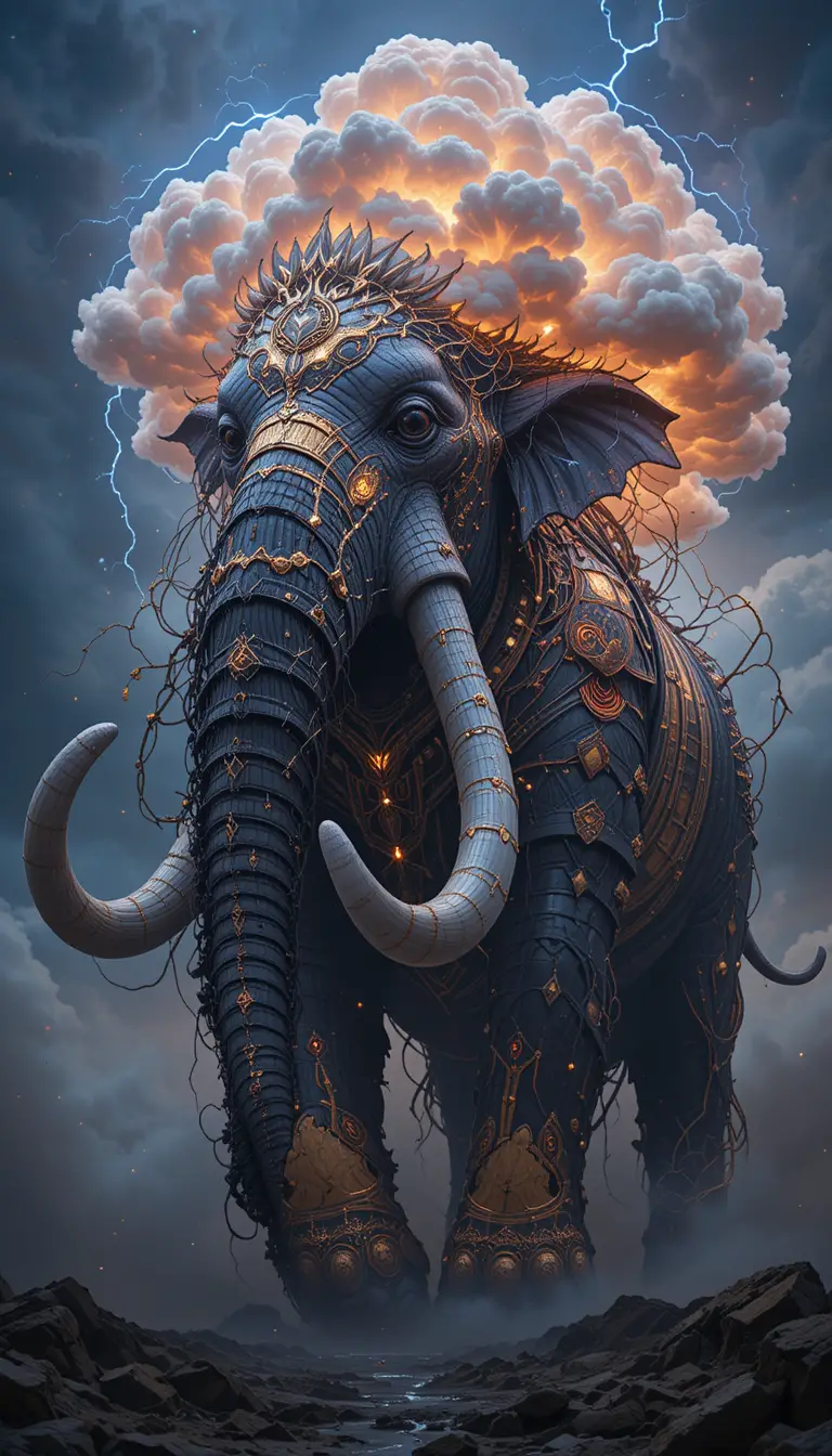 Mythic Electric Mammoth Beneath A Storm Filled Sky