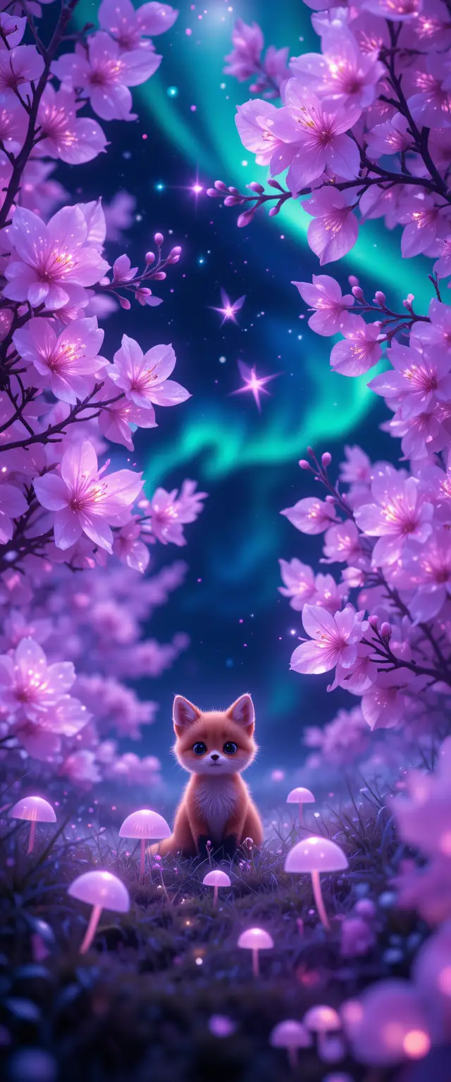 Chibi fox hidden among neon cherry blossoms at night
