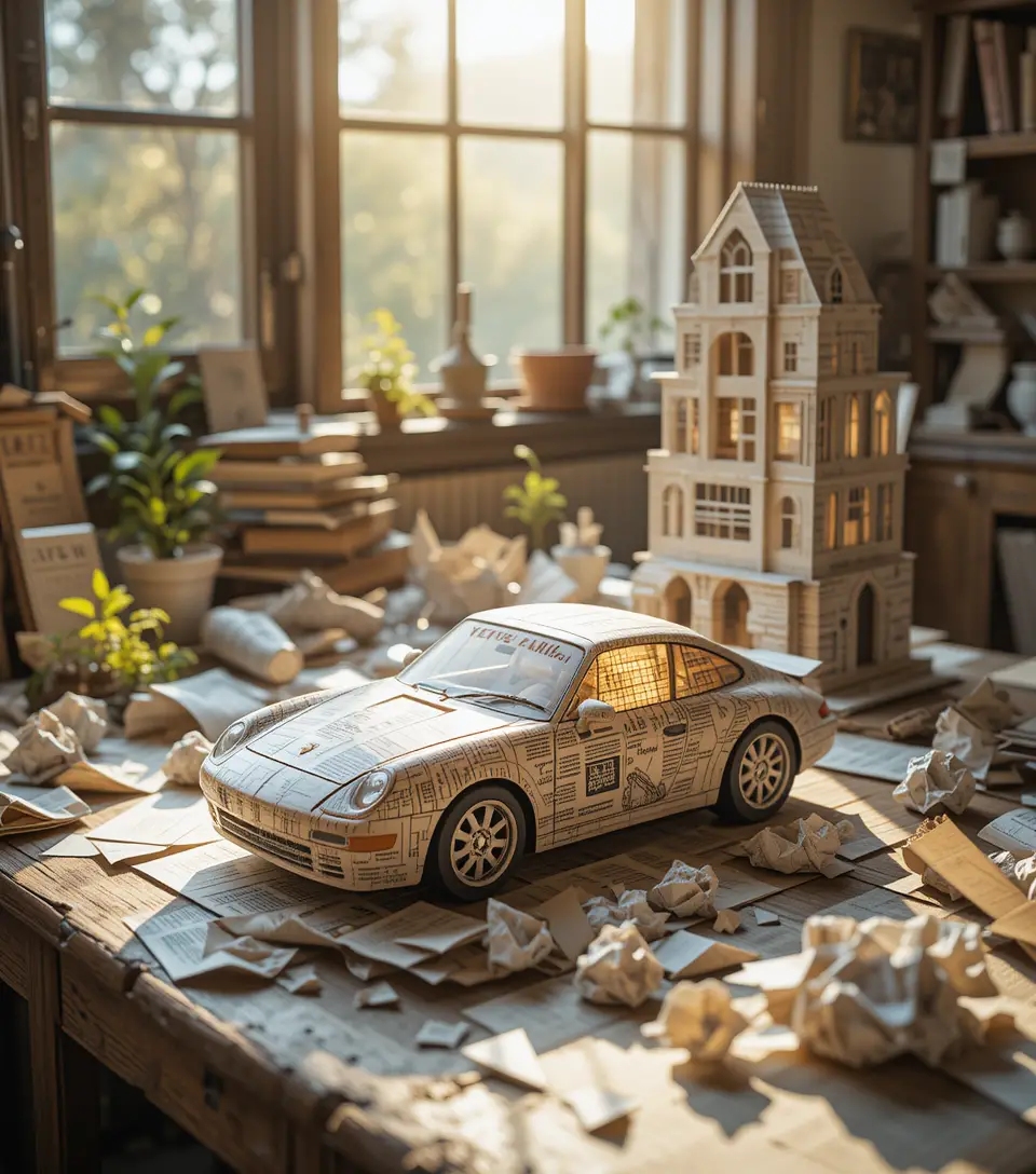 Paper car and building models on rustic wooden table