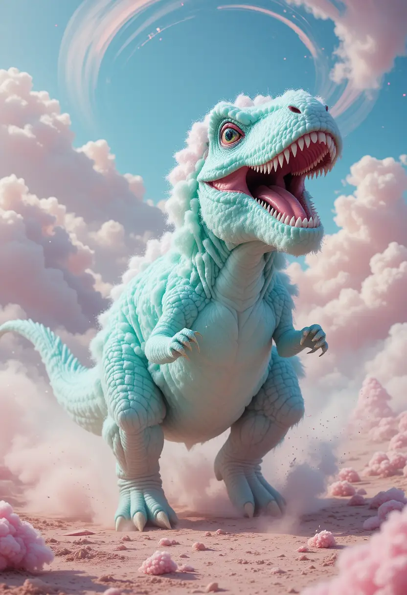Cotton candy t rex charging through a swirling sky