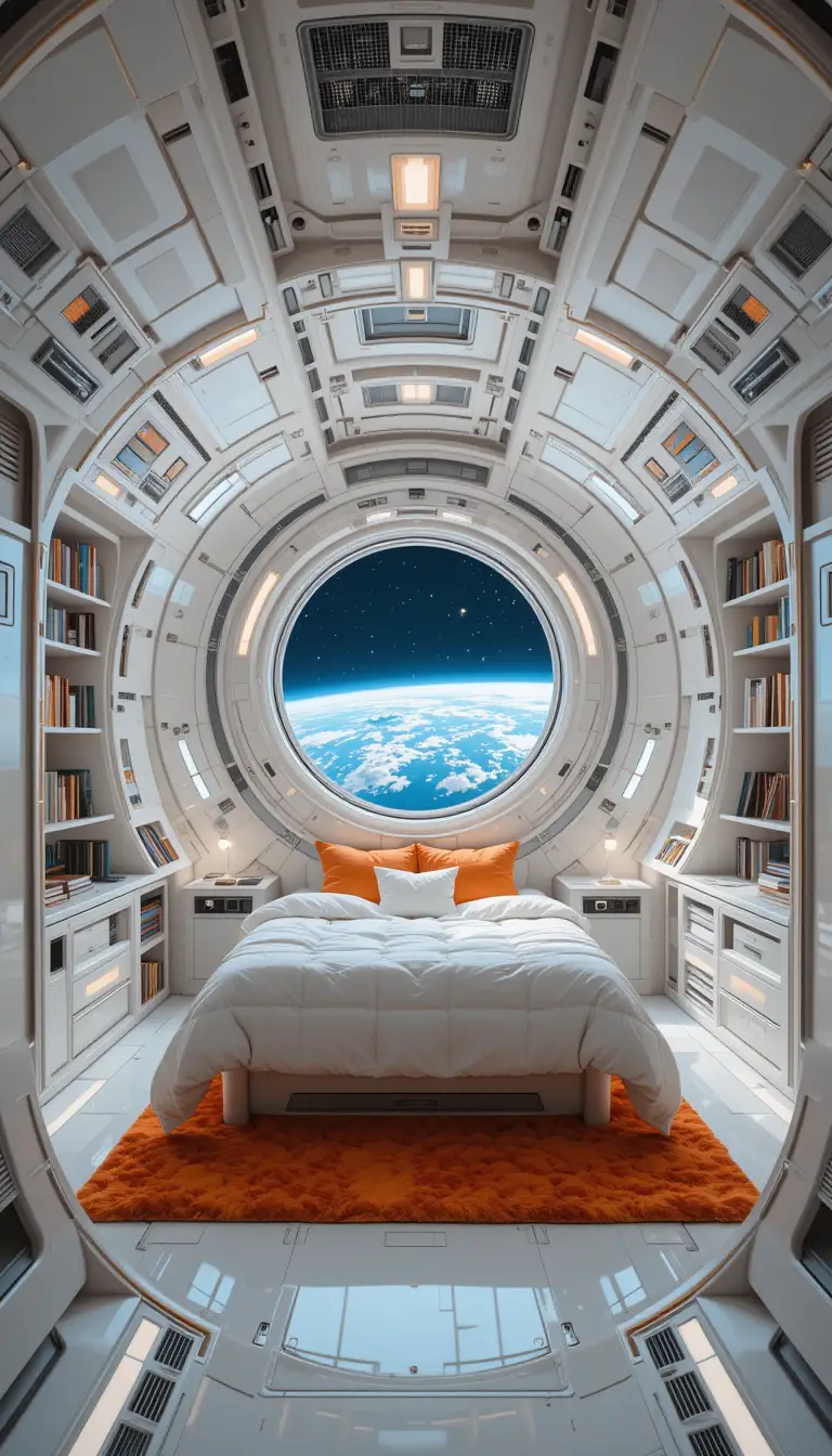 Cozy spaceship cabin bedroom with view of earth