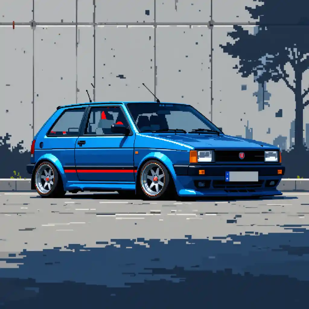 Pixel art of a vintage blue hatchback car by a wall