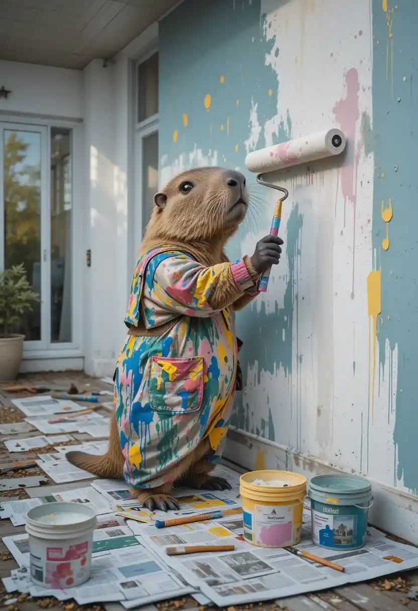 Capybara Painting The Exterior Wall Of A Modern House