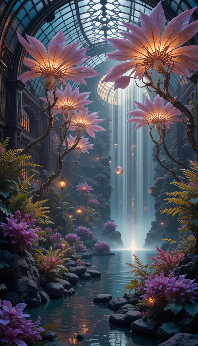 Art nouveau crystalline greenhouse with surreal luminous garden