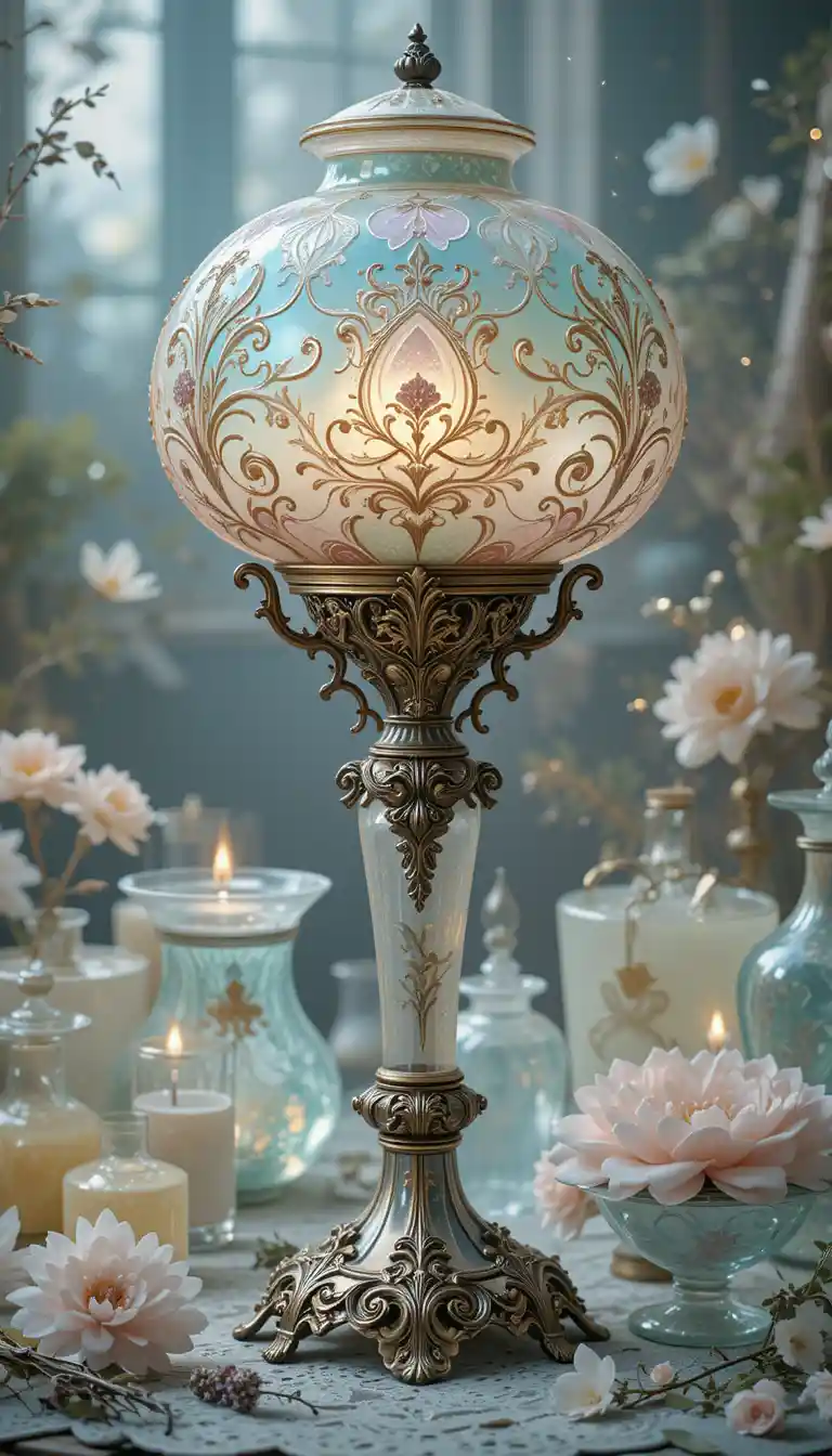 Ornate antique glass lamp with dreamy soft pastel glow
