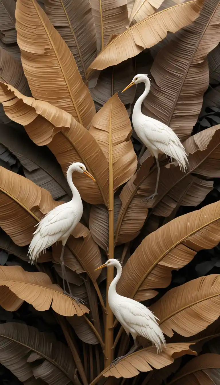 White cranes among glossy brown banana leaves illustration
