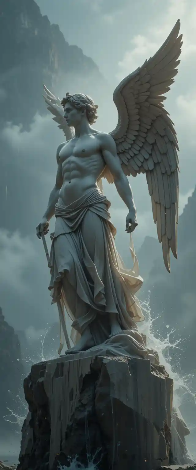 Estátua de mármore alada sobre mar enevoado com luz dramática