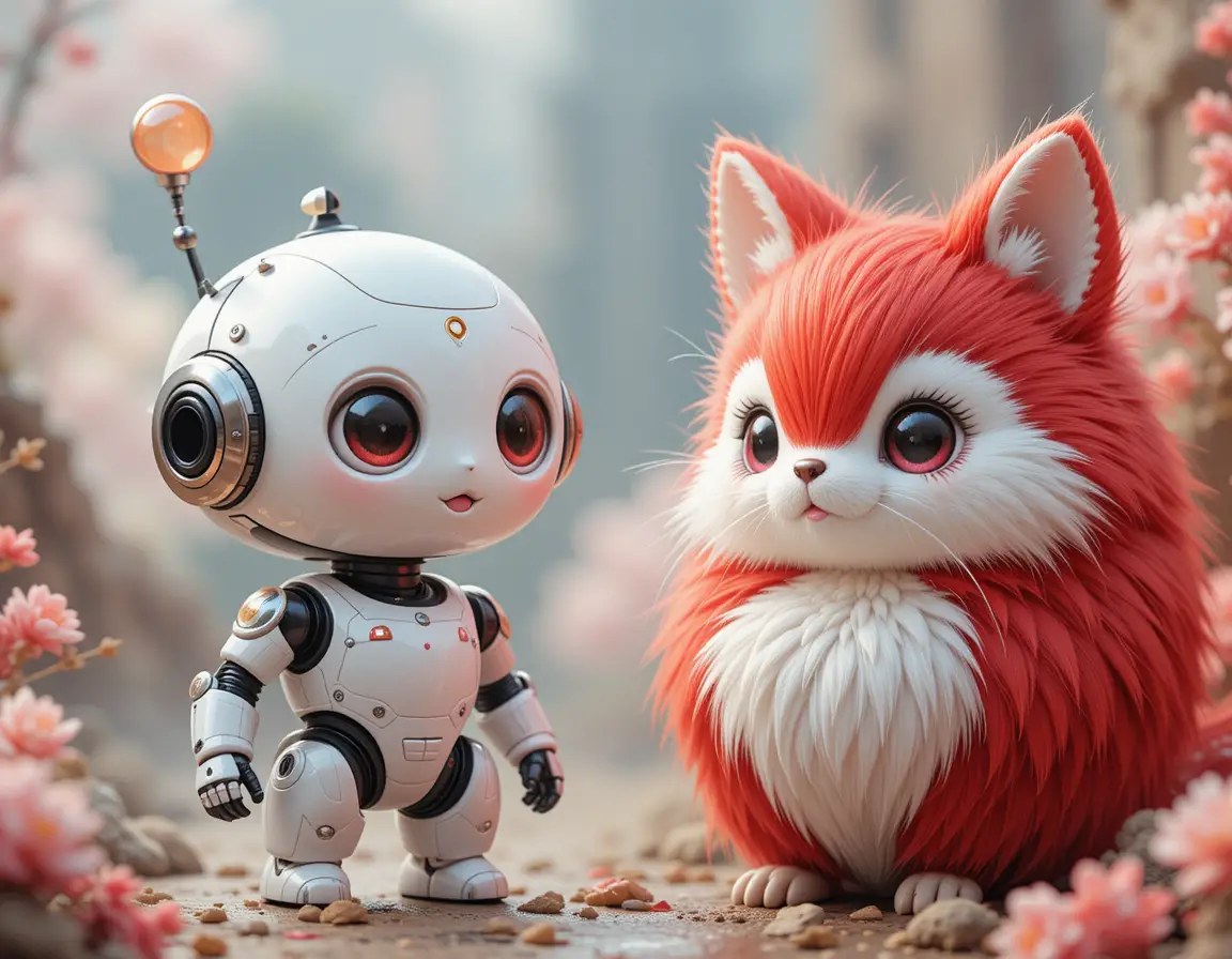 Cute White Robot With Fluffy Red Animal In Fantasy World