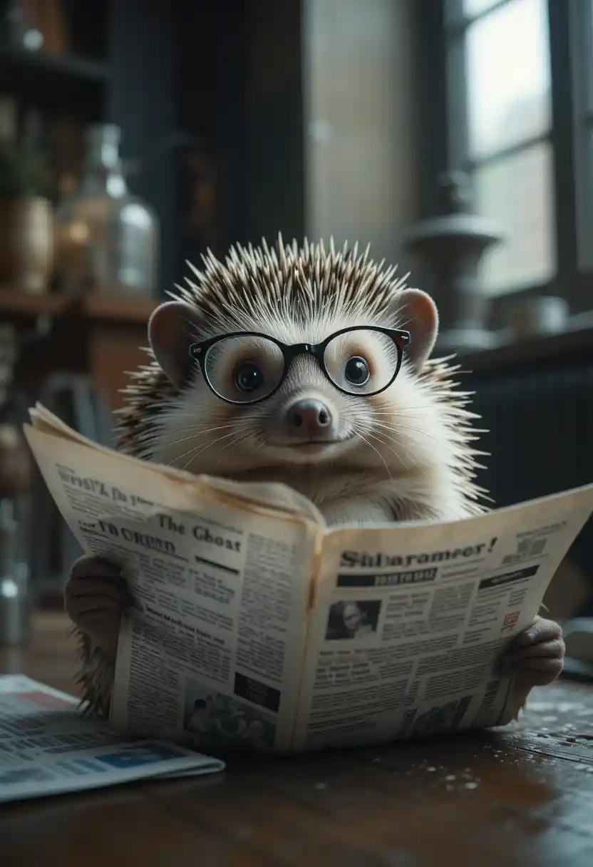 Photorealistic hedgehog with glasses reading a newspaper
