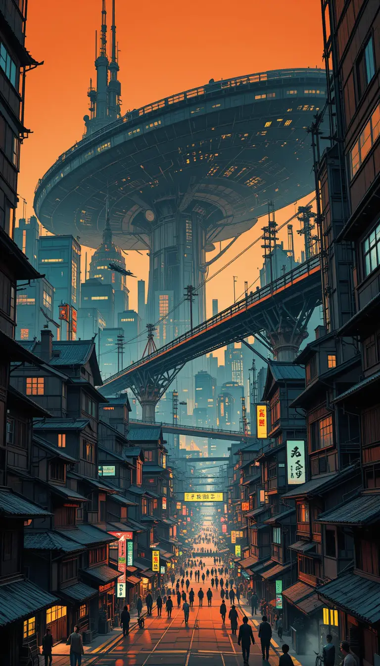 Dramatic Low Angle View Of Futuristic Kyoto Cityscape
