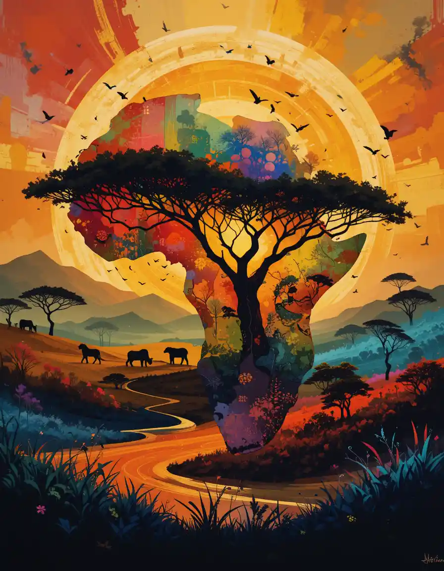 Abstract african landscape art with savannah and forest