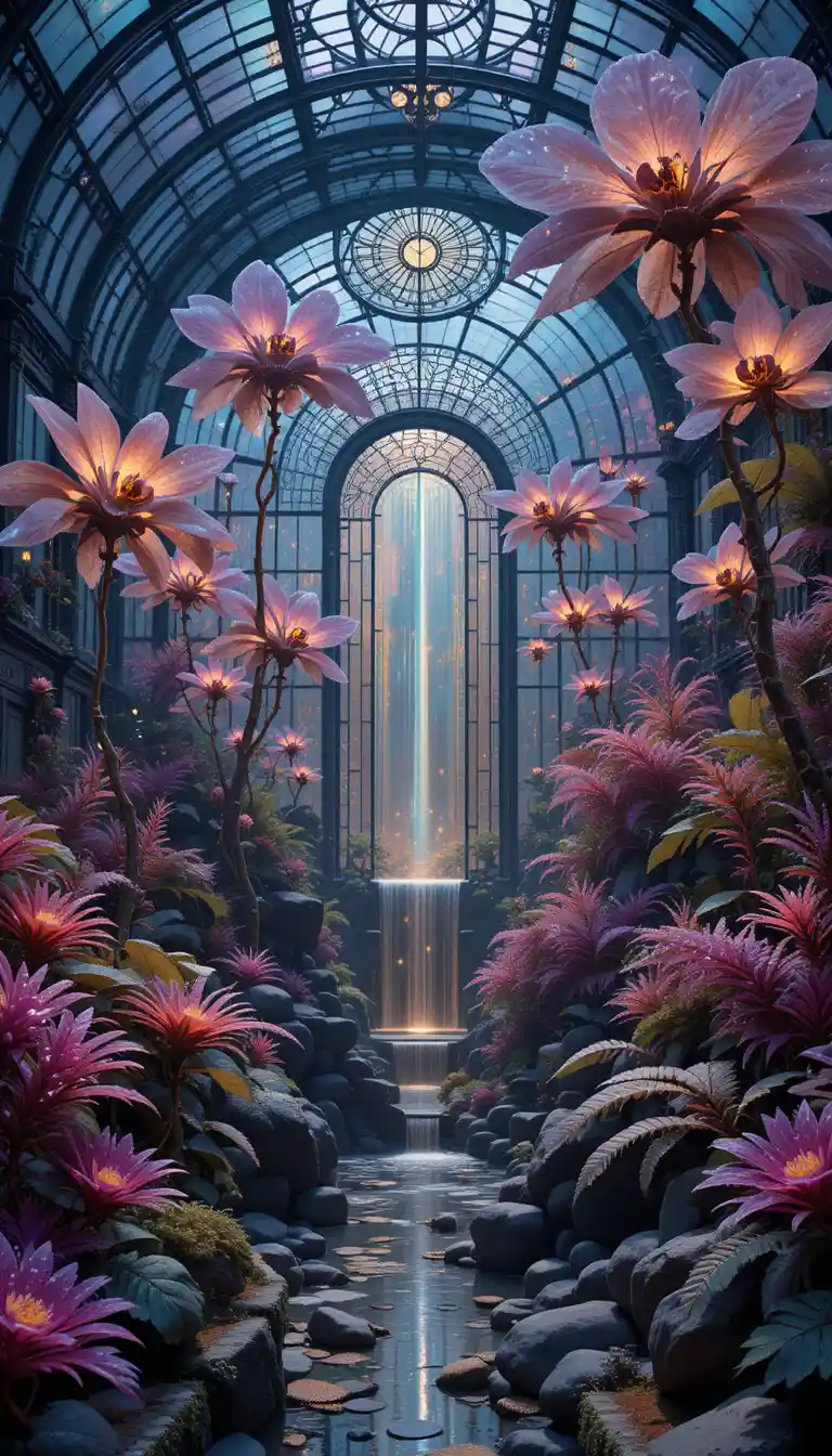 Art nouveau crystalline greenhouse with surreal glowing garden