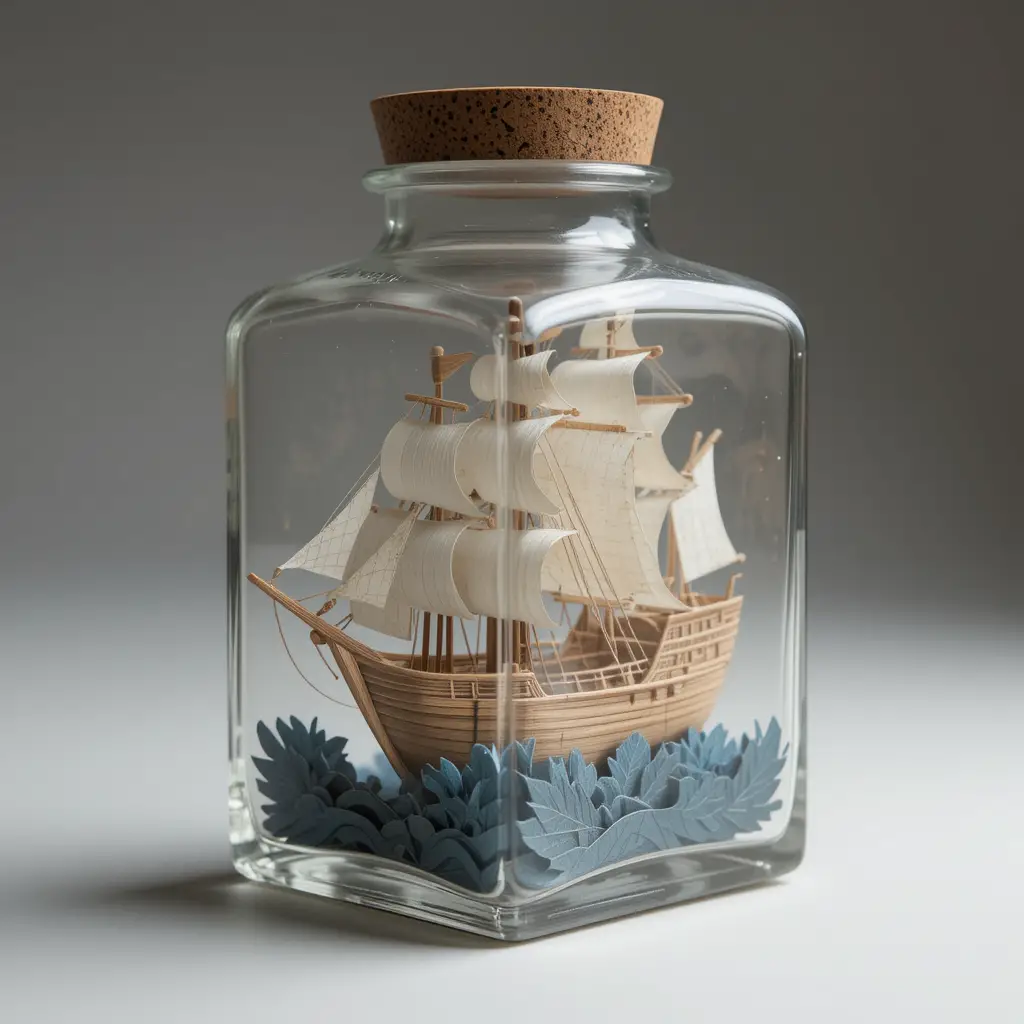 Small paper ship artwork inside a clear glass bottle