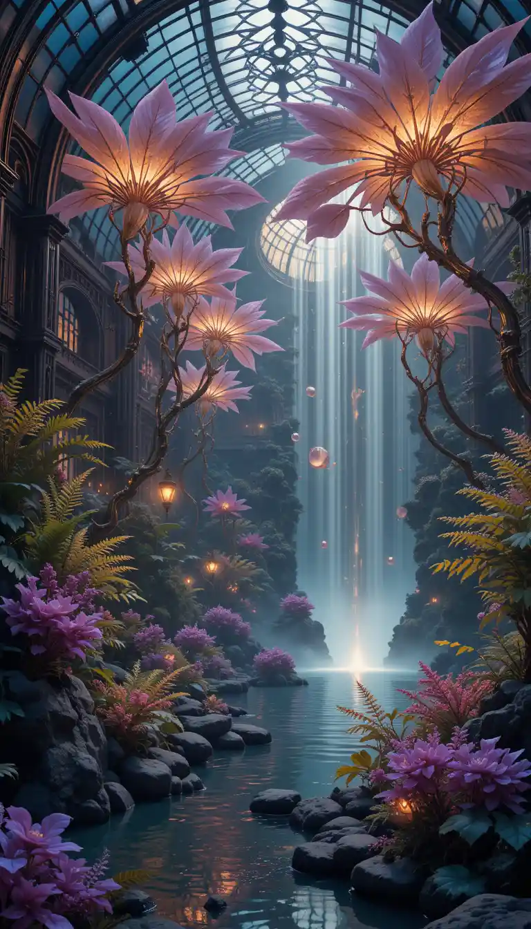 Art nouveau crystalline greenhouse with surreal luminous garden
