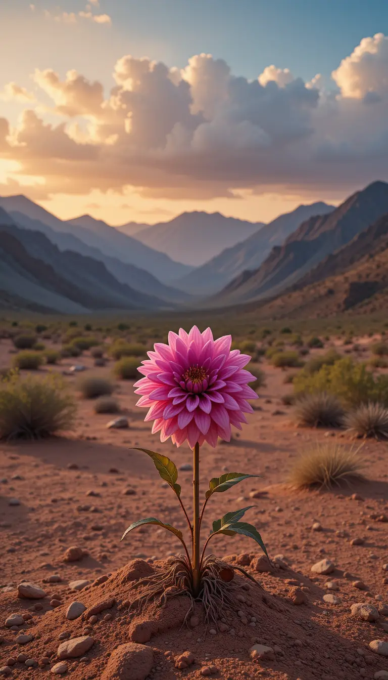 Pink dahlia blooming in a quiet desert valley
