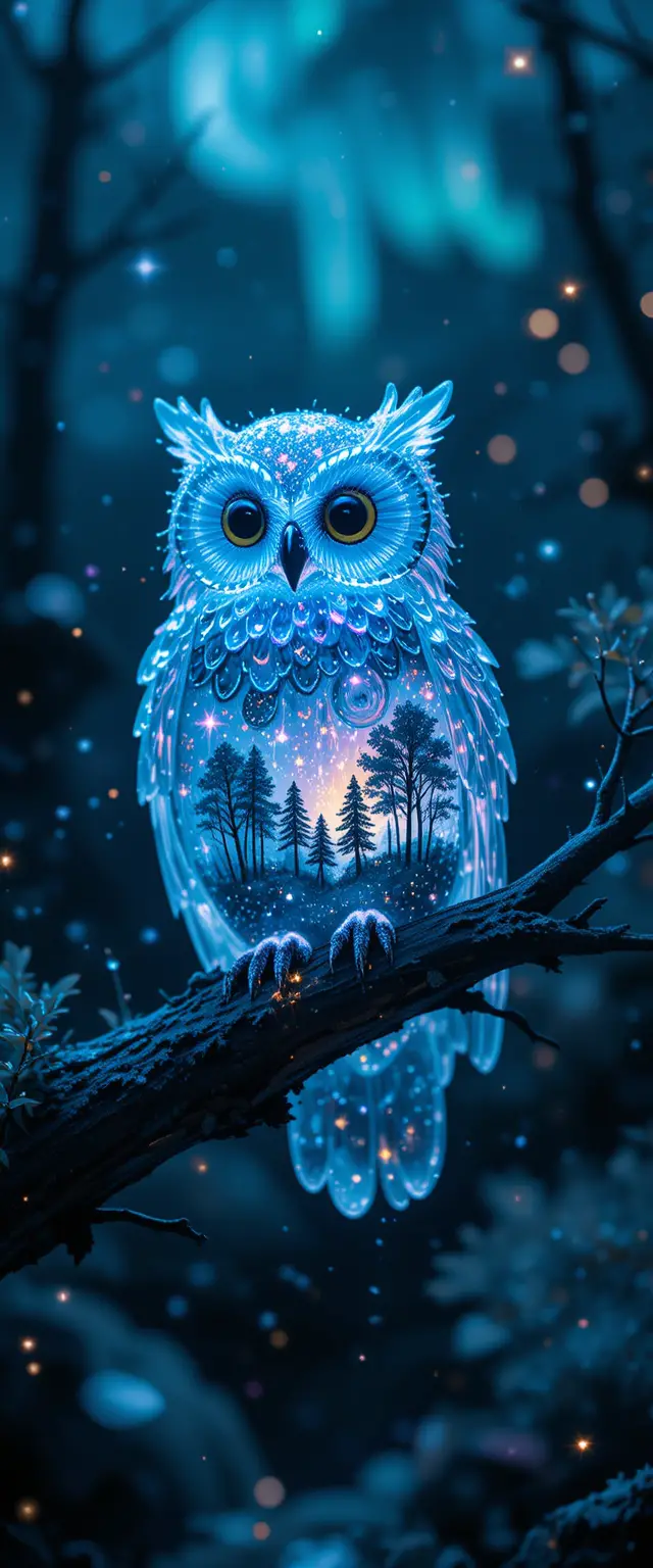 Iridescent Ice Owl With Neon Celestial Forest Within