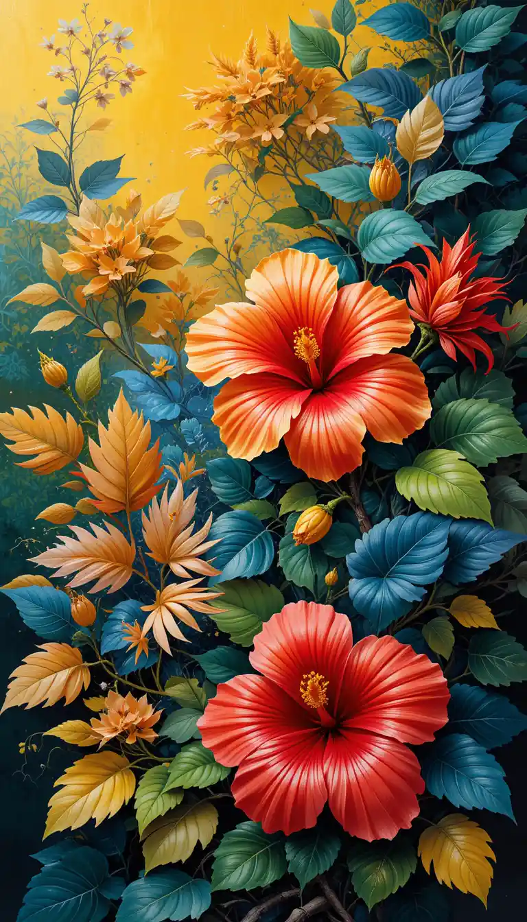 Colorful hibiscus shrubs in painterly impressionist style