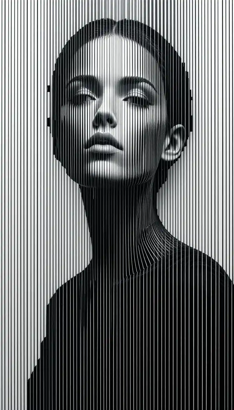 Optical illusion portrait of a woman formed by black lines