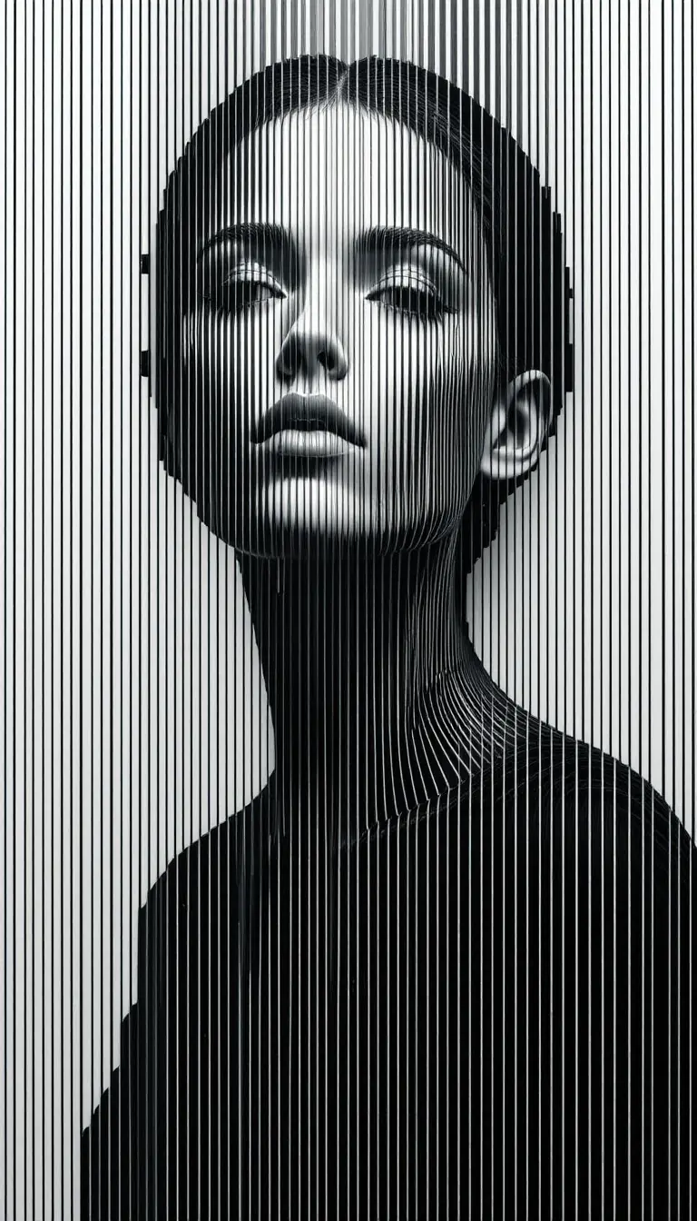 Optical illusion portrait of a woman formed by black lines