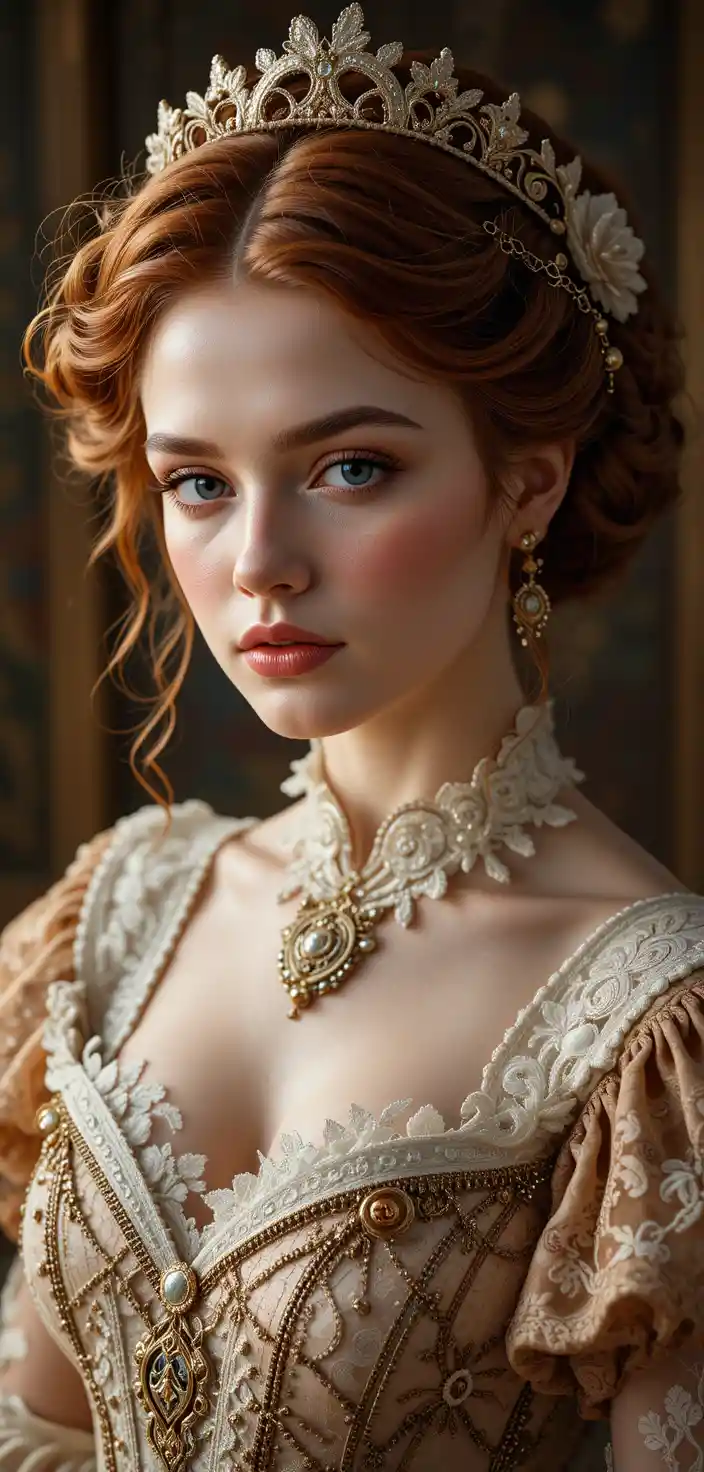 Elegant auburn haired woman in elizabethan gown portrait