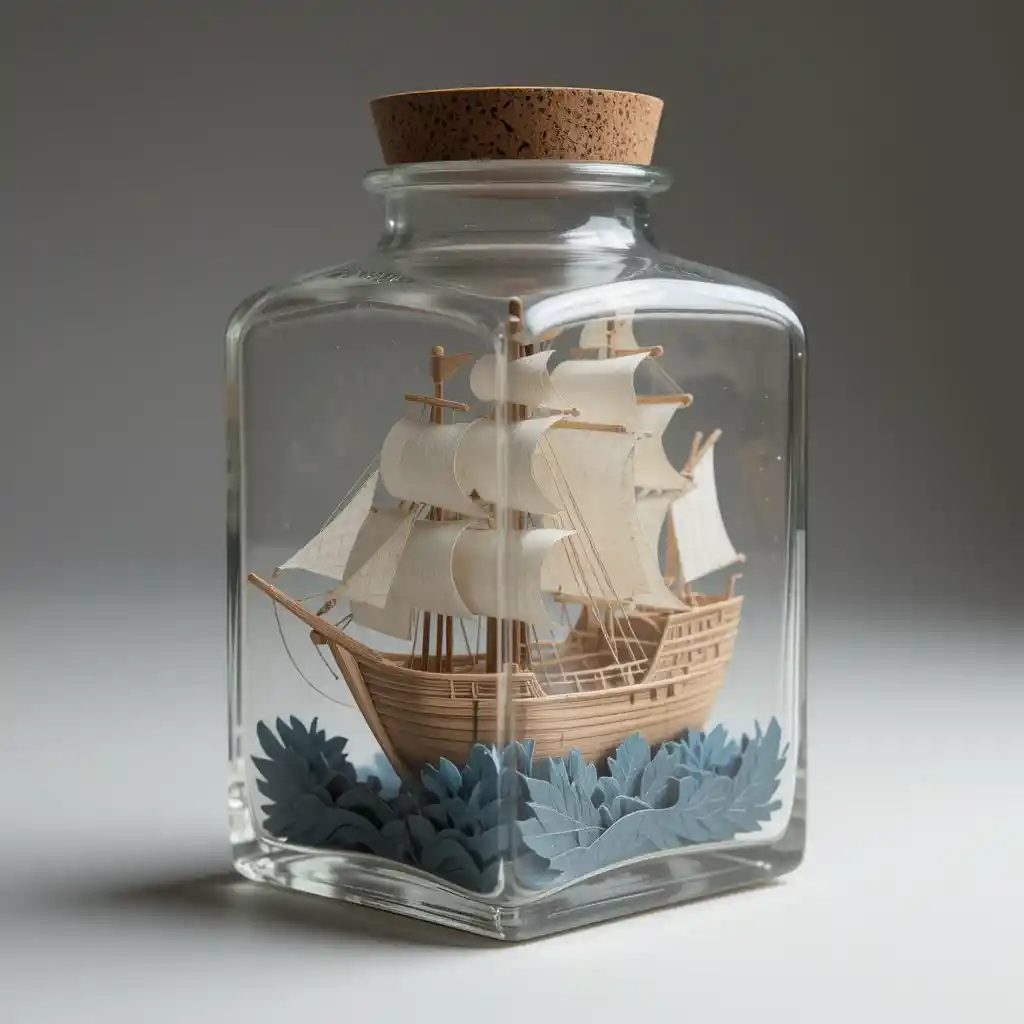 Small paper ship artwork inside a clear glass bottle