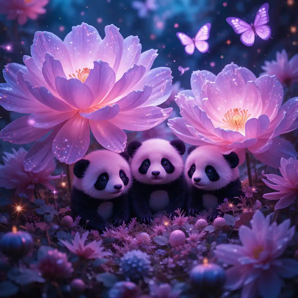 Chibi pandas under neon peonies in double exposure collage