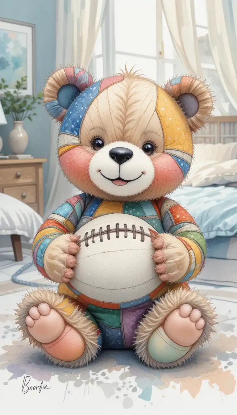 Watercolor teddy bear with rugby ball in cozy bedroom