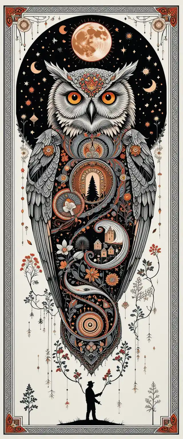 Day and night owl tapestry in a fairy tale landscape
