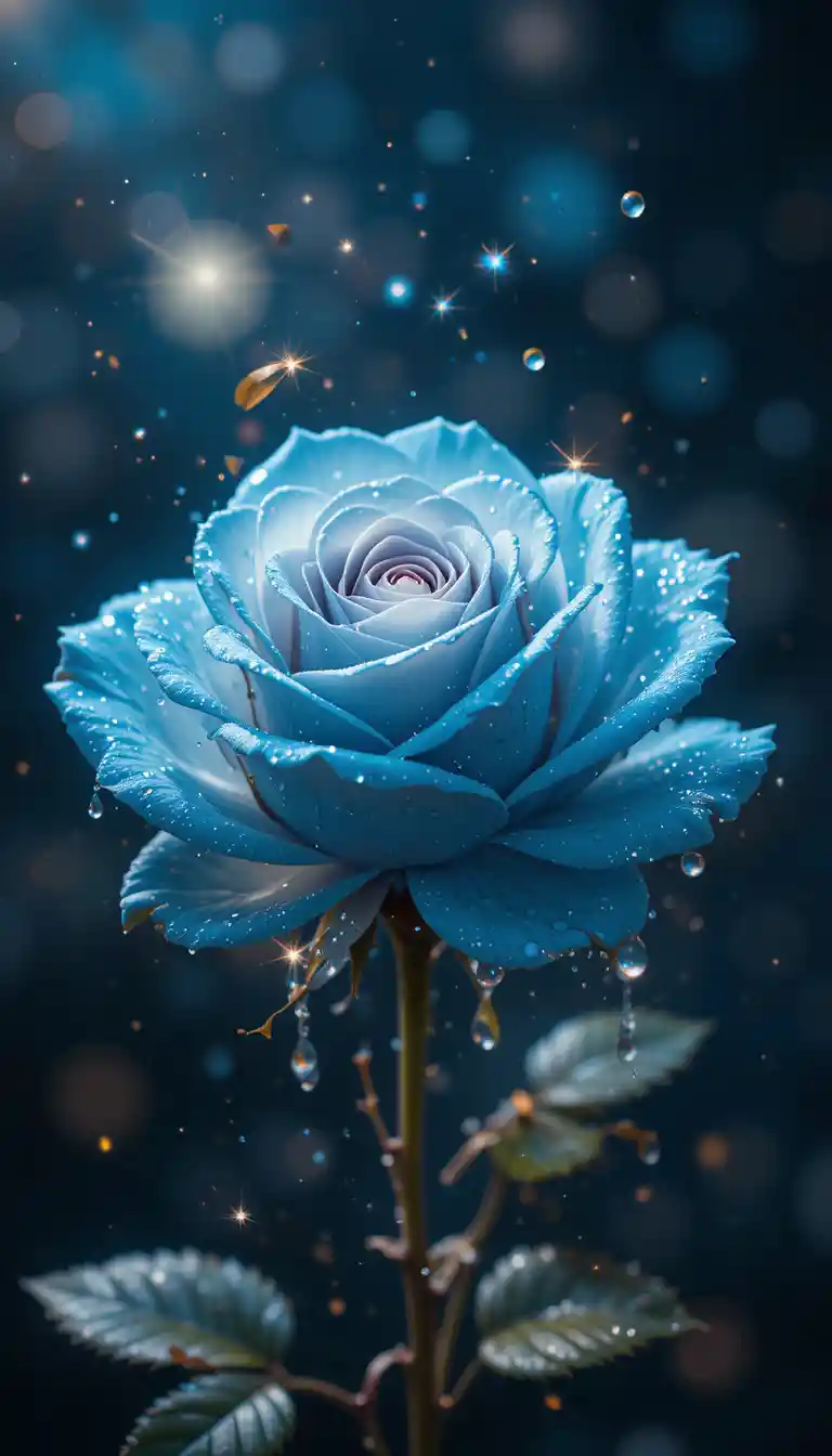 Blue rose with water drops and sparkling light