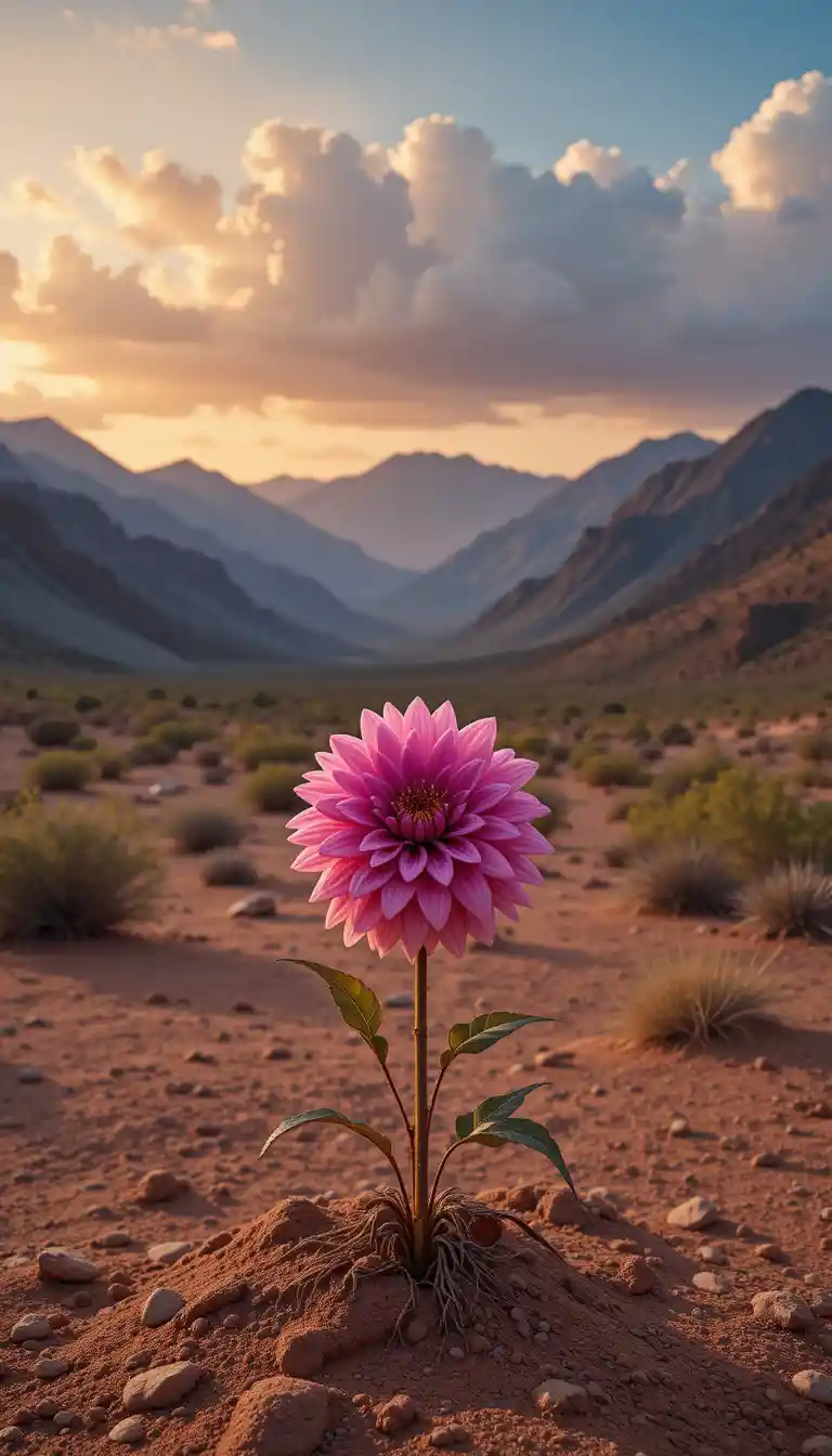 Pink dahlia blooming in a quiet desert valley