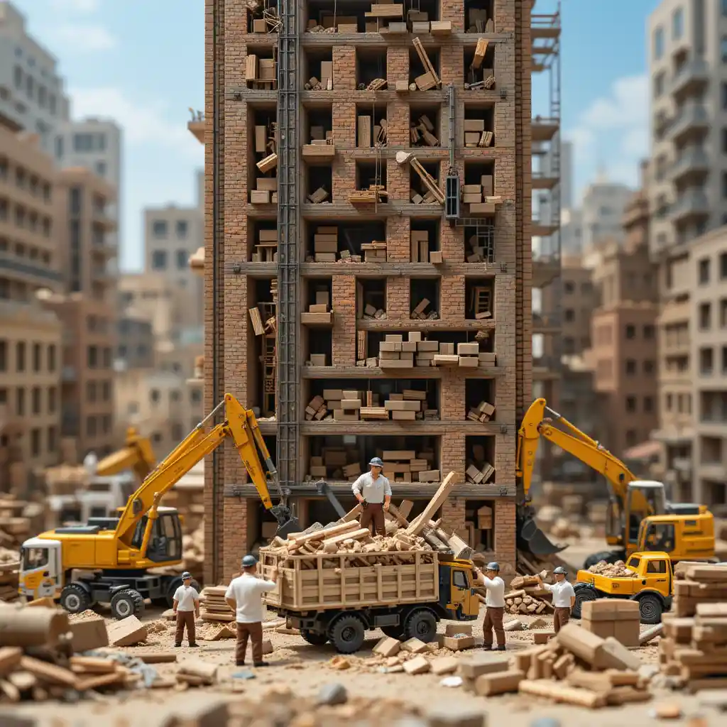 Arranha-céu alto com vista para um movimentado canteiro de obras urbano