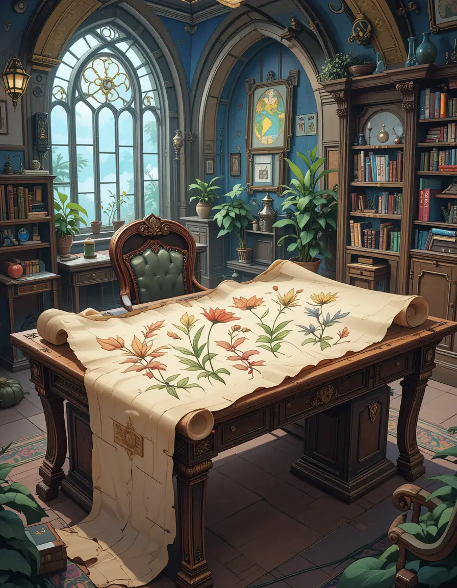 Anime office illustration on parchment over ornate desk