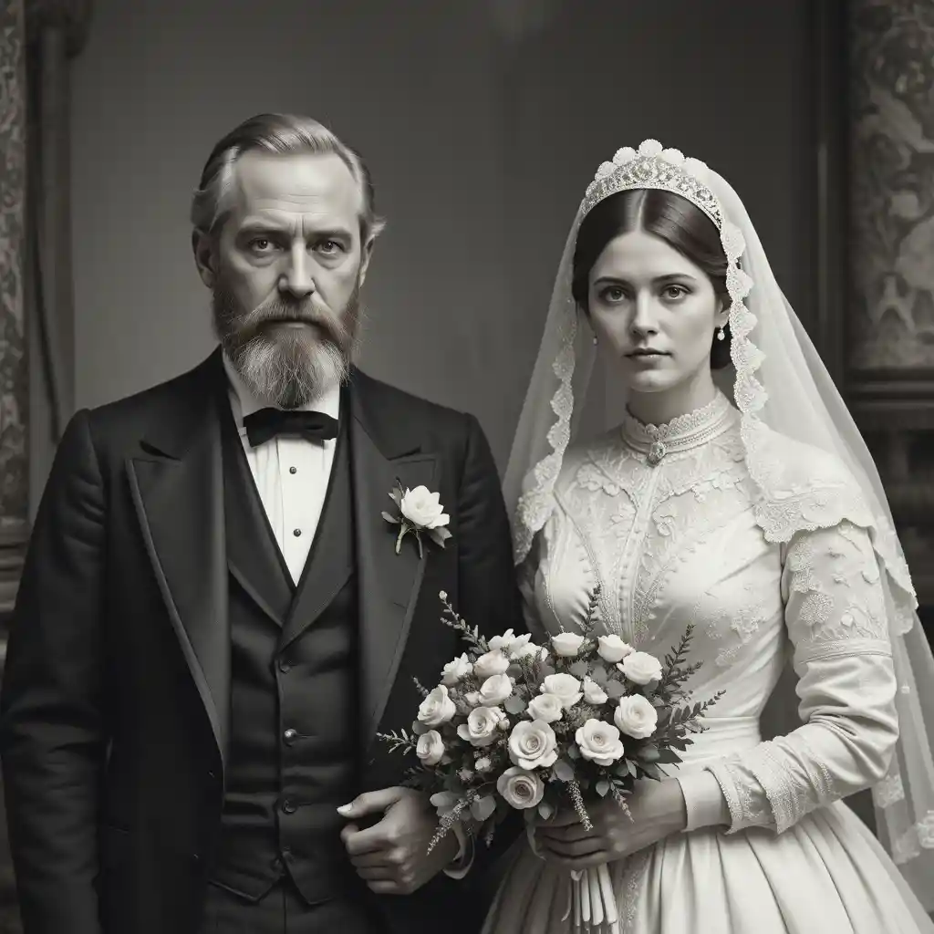 Elderly groom and red haired bride at 1880s wedding