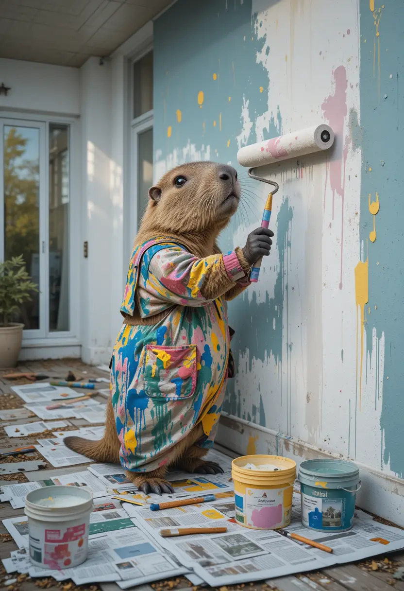 Capybara Painting The Exterior Wall Of A Modern House