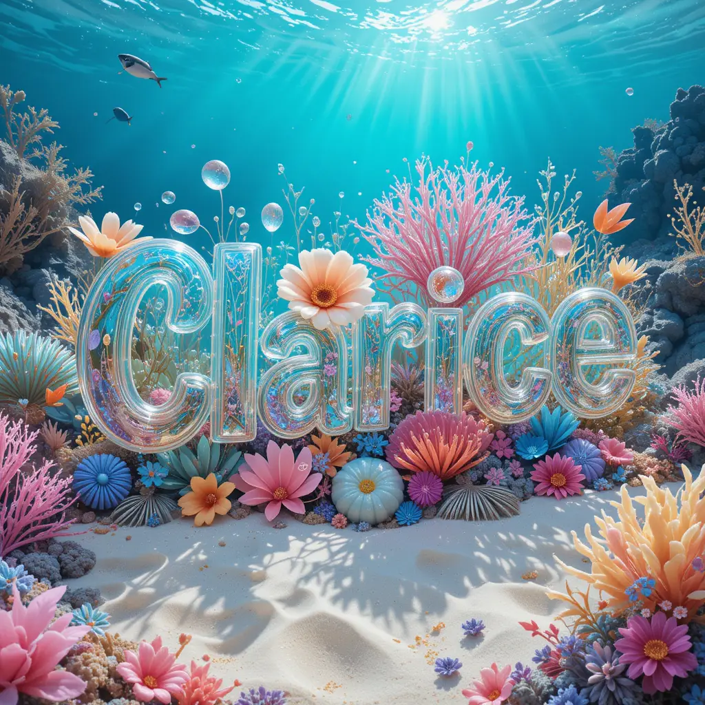 Transparent 3d clarice text on a sandy beach