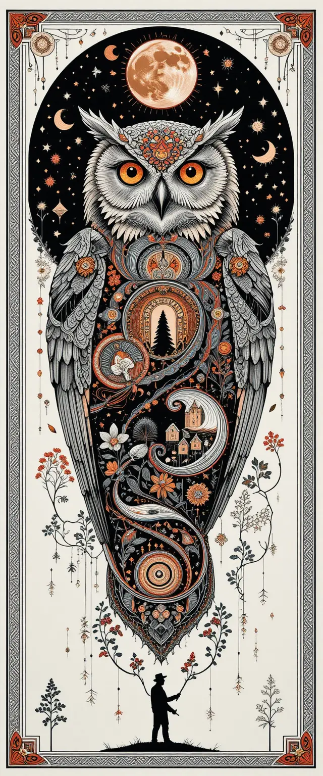 Day and night owl tapestry in a fairy tale landscape