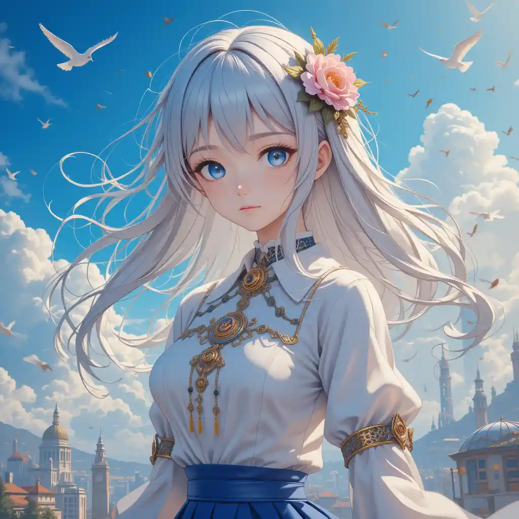 Anime girl with silver hair in a windy fantasy city