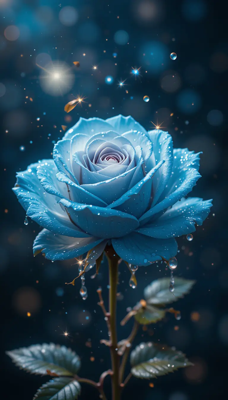 Blue rose with water drops and sparkling light