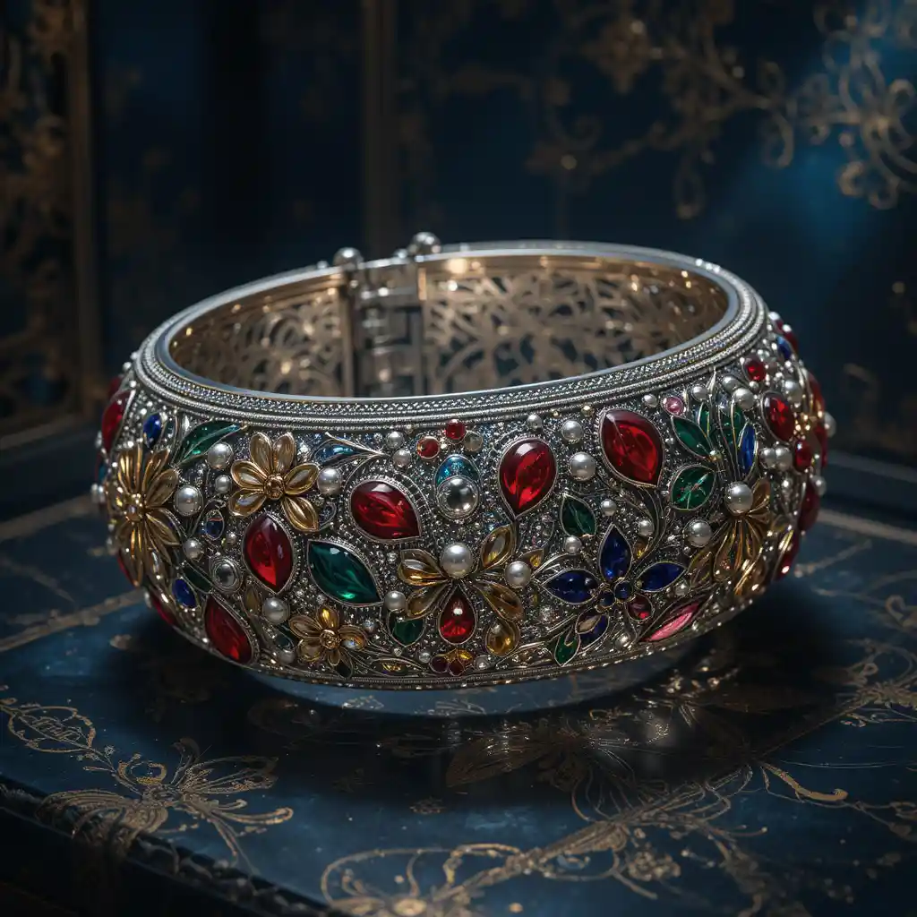 Digitale Illustration eines kunstvollen kabylischen Silberarmbands mit Emaille