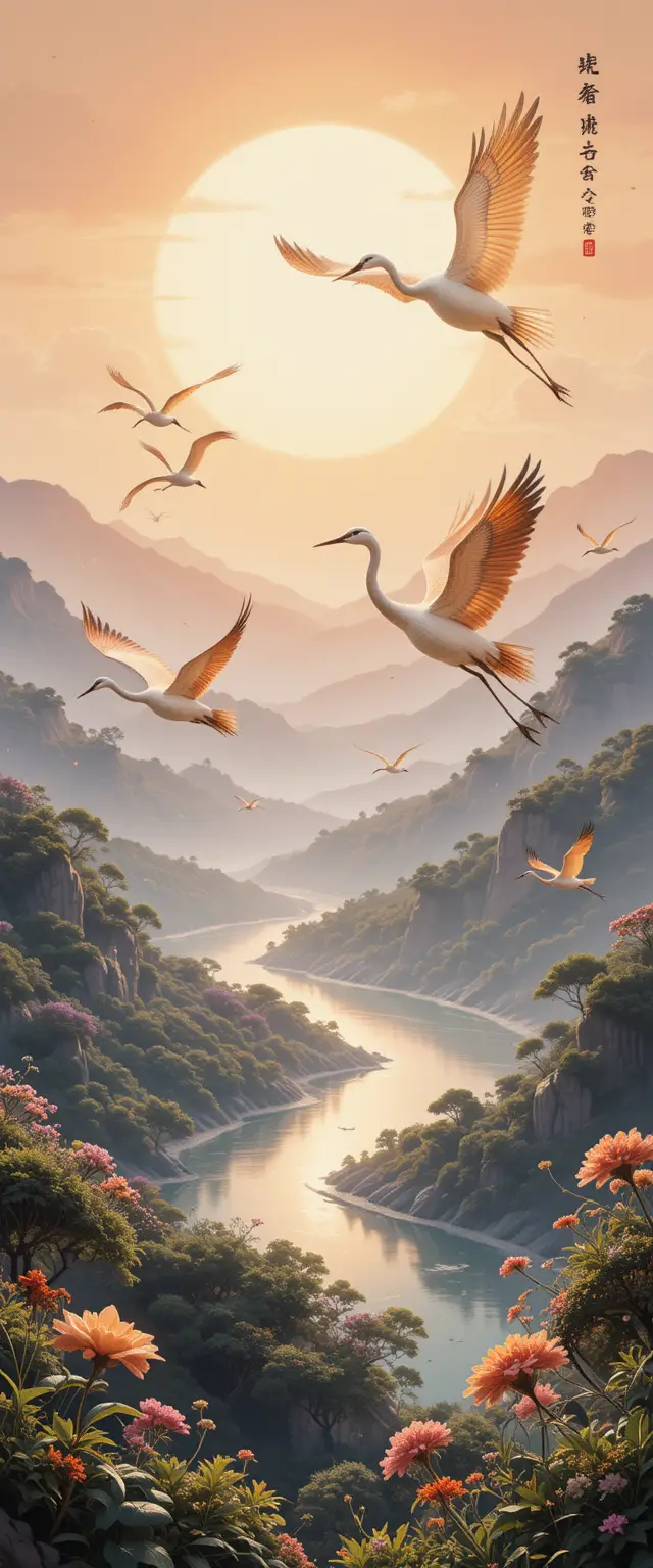 Golden cranes soaring above a tranquil Korean river valley