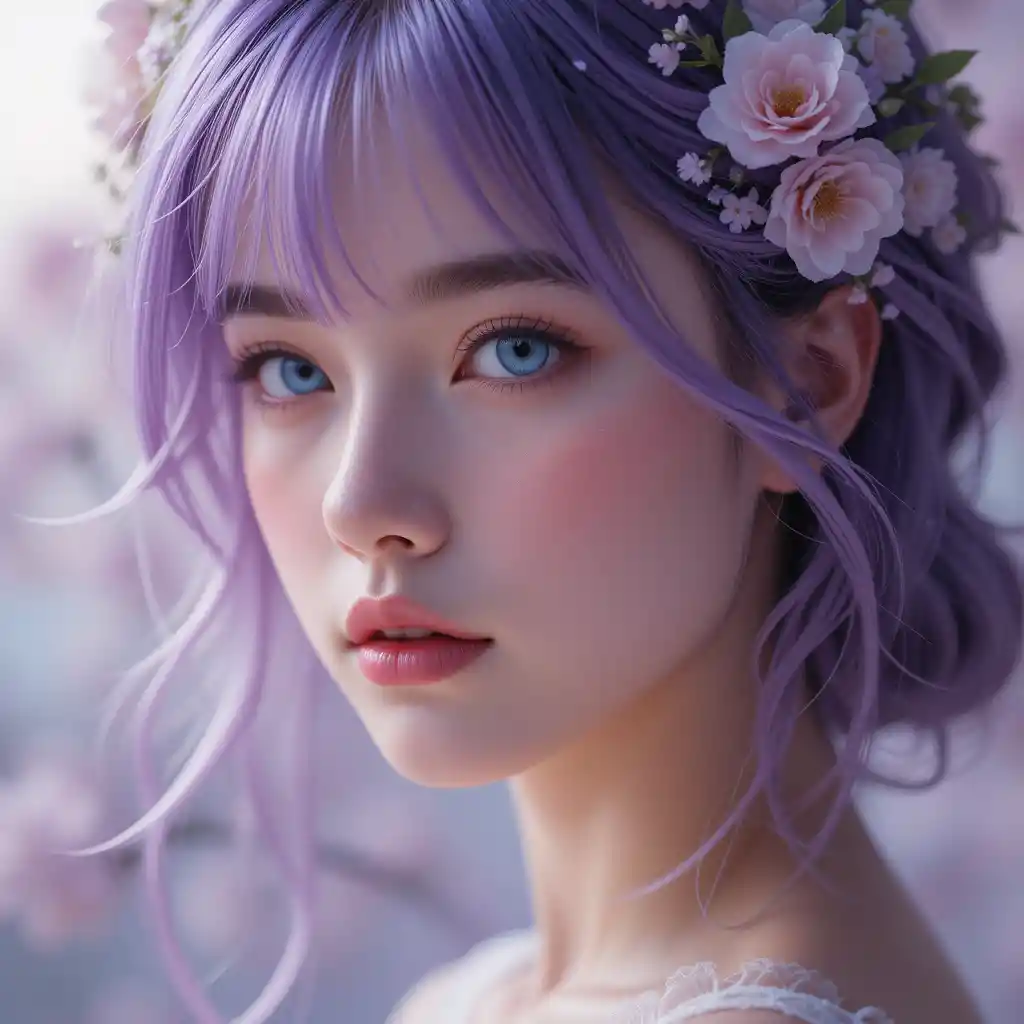Portrait of a young woman with purple hair and blue eyes