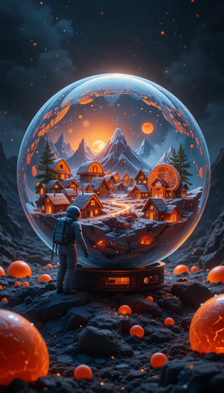 Astronaut Exploring Frozen Crystalline Orange Orb Above Moon