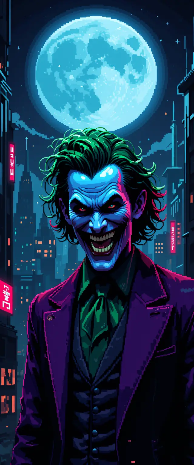 Pixel art villain in neon lit gotham cityscape